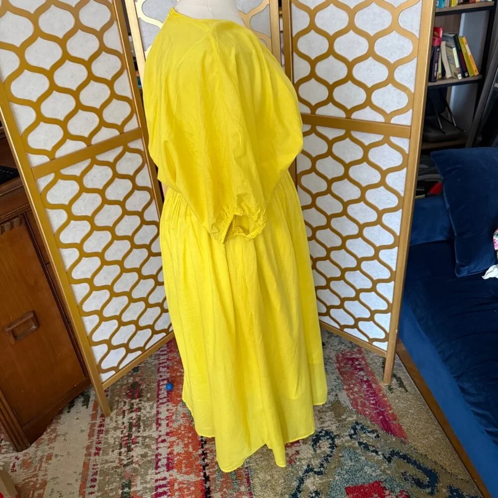Banana Republic Size XL Yellow Lemon Candy Voile Elbow Sleeve V-Neck Midi Dress - Picture 11 of 16